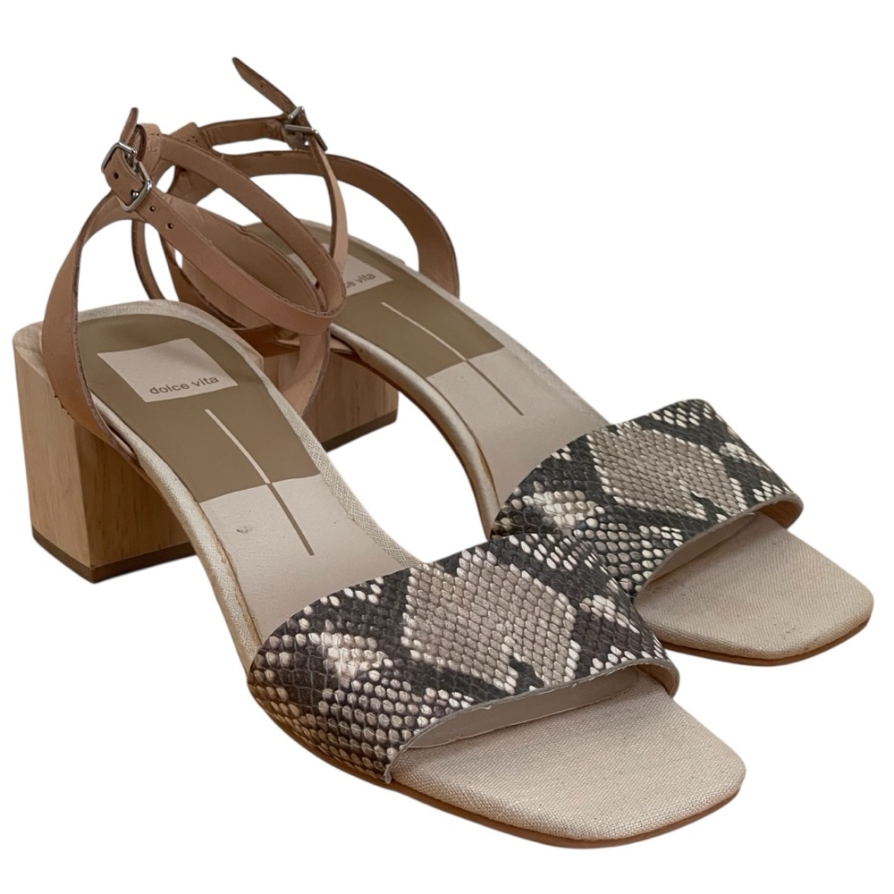 Dolce Vita Zarita Tan Leather Reptile Snake Print Wood Block Heel Sandals Sz 9